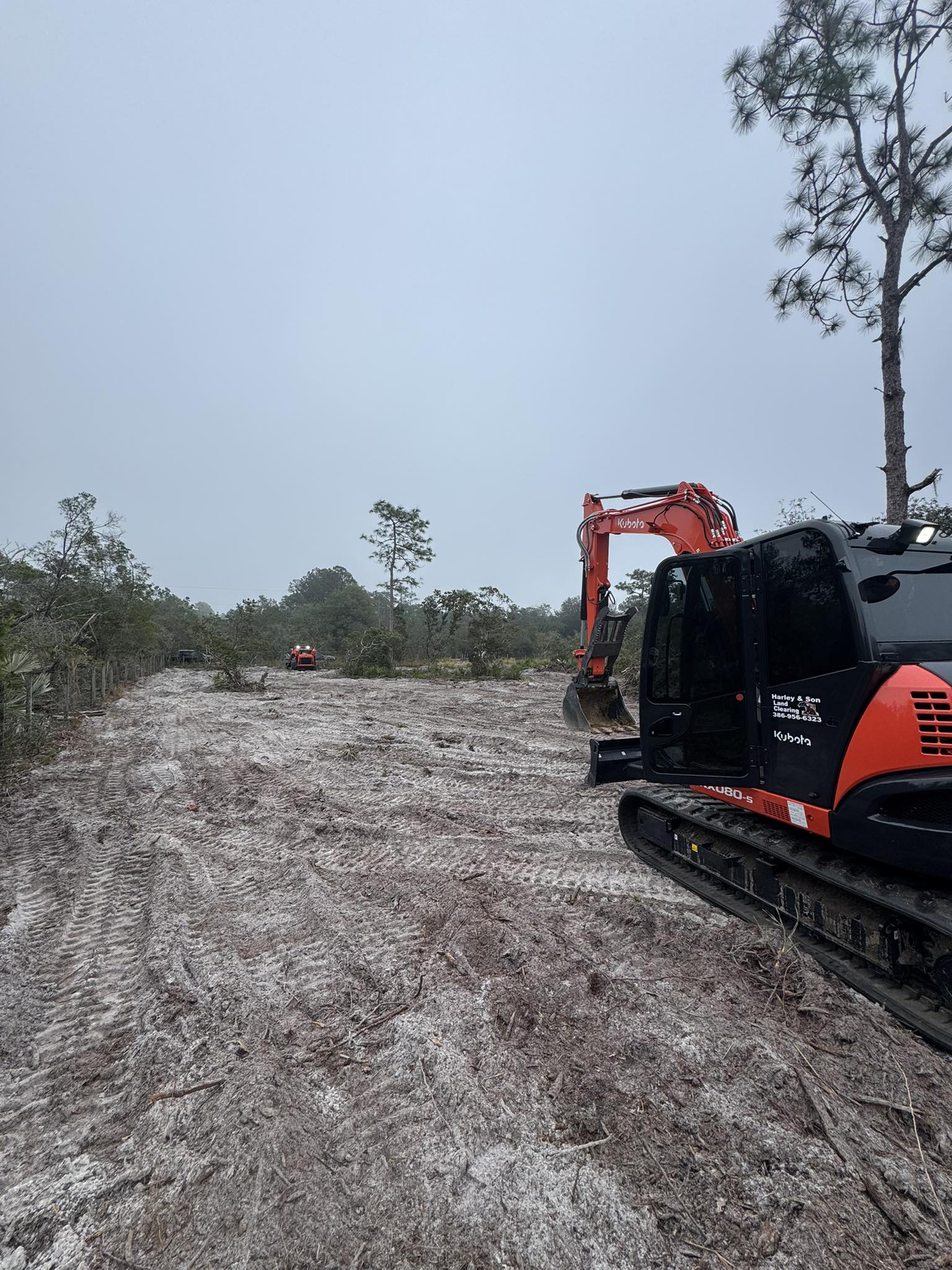 Kubota excavator and skid steer working together on large clearing site in Deltona with Harley and Son branding