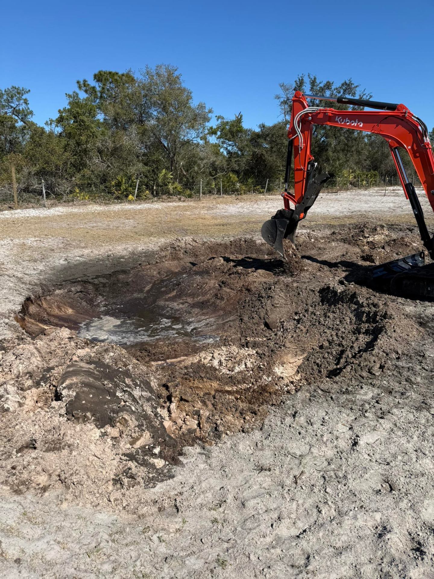 Kubota mini excavator digging pond hole with water pooling at bottom on sandy Florida lot